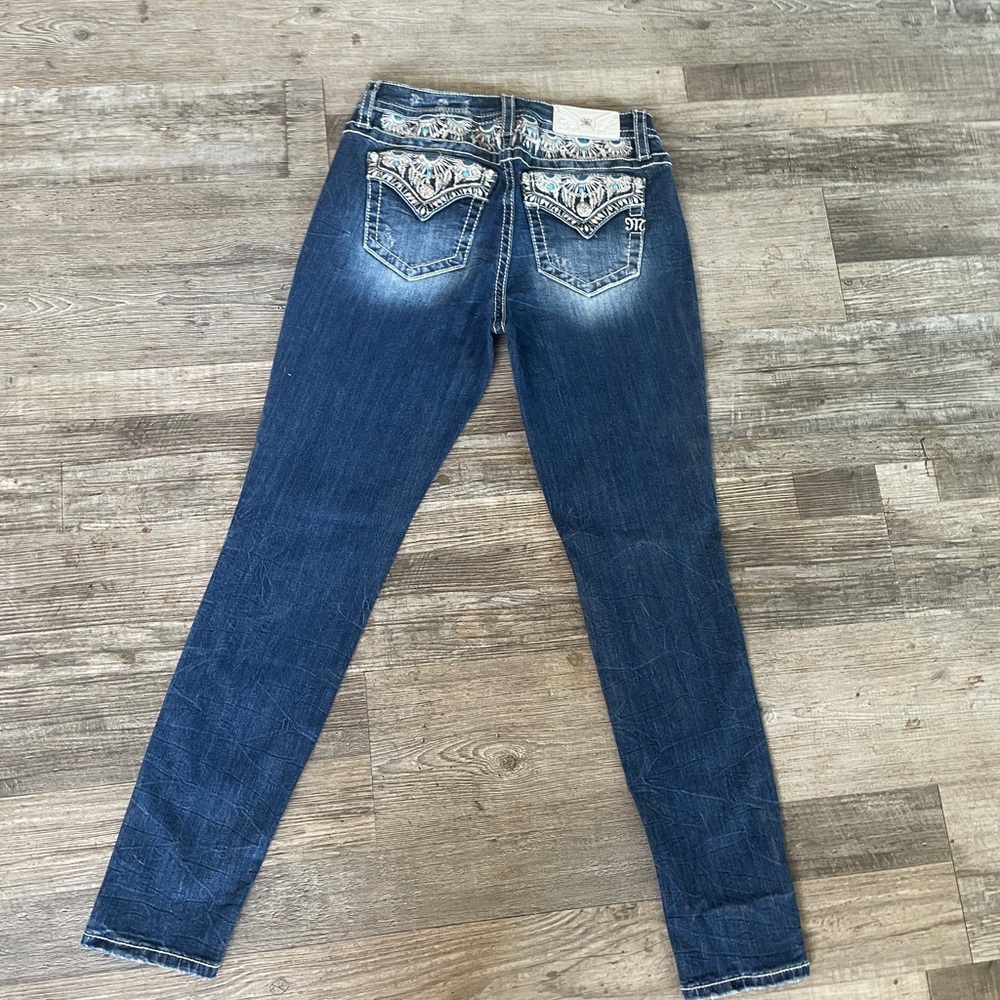 Miss Me Dark Blue Skinny Jeans with Embellished Pockets